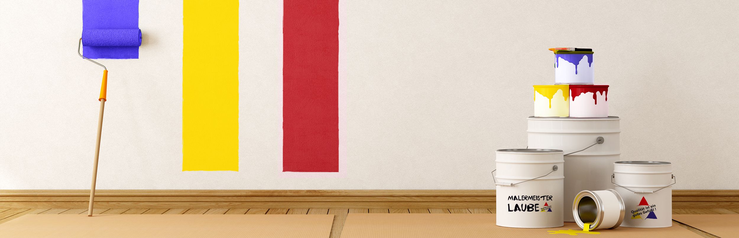 Farbtöpfe und eine Farbrolle, mit der Farbe an die Wand gebracht wird